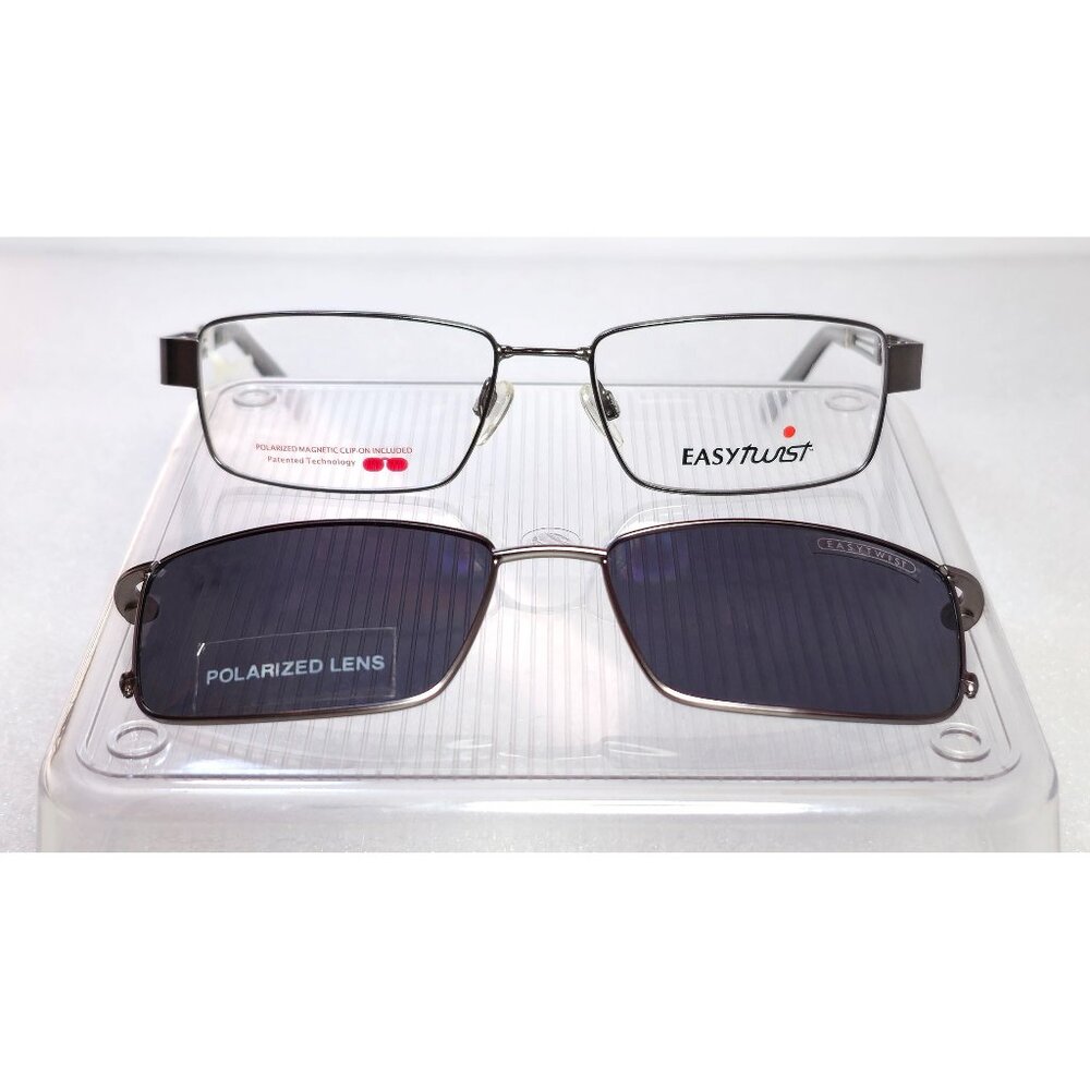 Rectangular Silver Metal Full Rim EasyTwist Polarized Clip-on Glasses 51-16-135